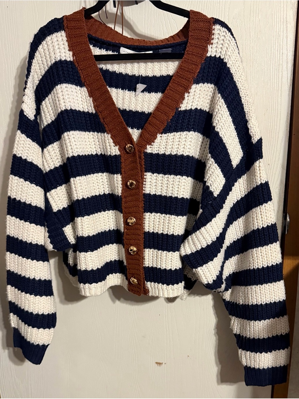 NWT Altar'd State Striped V-Neck Button Down Cardigan Navy Cream Brown XL